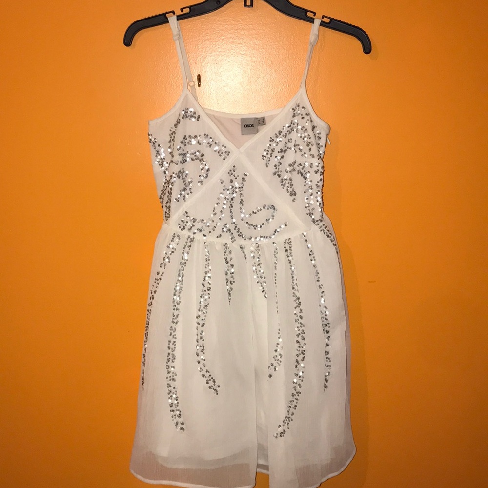 White ASOS Dress with Silver Swirl Sequins Size 4